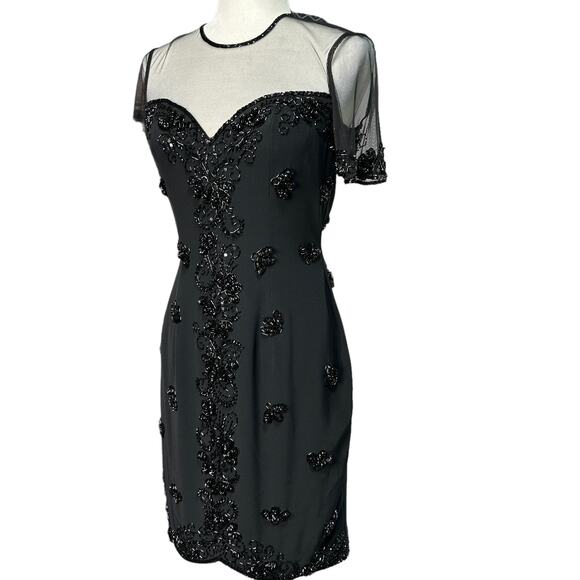 BLACK TIE Womens 4 Black Vintage Beaded Short Sleeve Cocktail Dress OLEG CASSINI - Picture 2 of 11